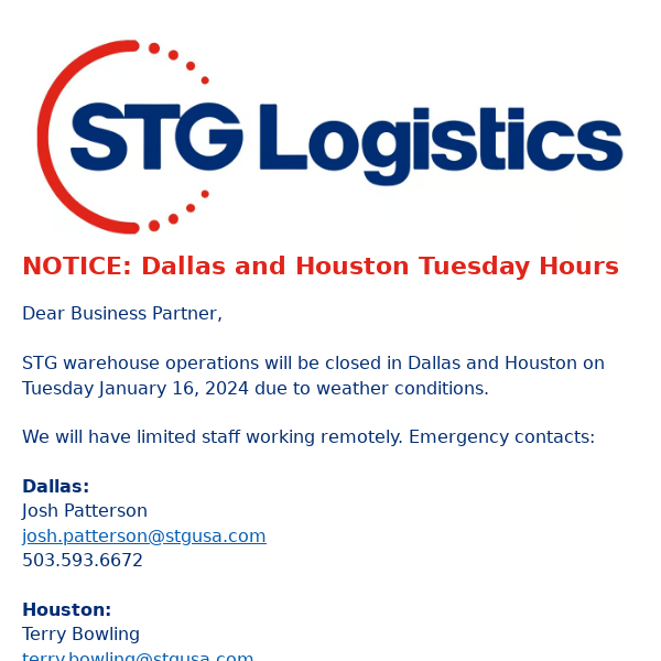 NOTICE: Dallas and Houston Tuesday Hours