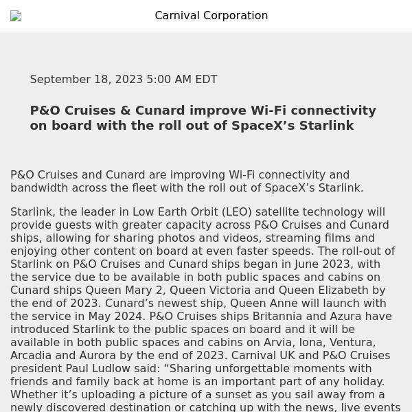 P&O Cruises & Cunard improve Wi-Fi connectivity on board with the roll out of SpaceX’s Starlink