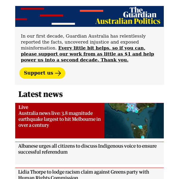 Australian politics: Australia news live: 3.8 magnitude earthquake largest to hit Melbourne in over a century