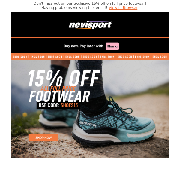 Ends Soon! 15% off Full Price Footwear