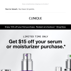 This is big. Get $15 off your serum or moisturizer purchase today.