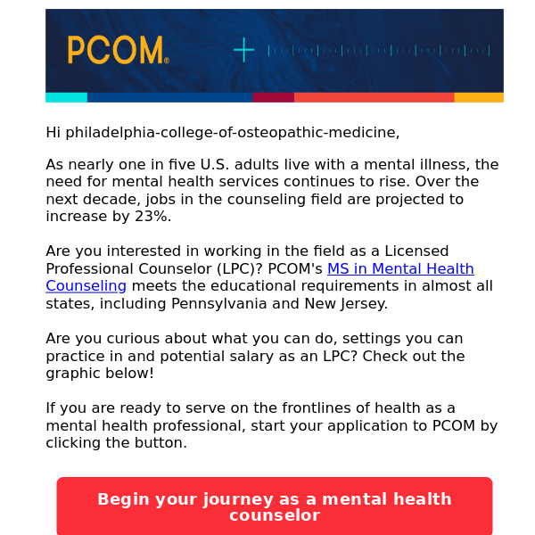 Philadelphia College of Osteopathic Medicine, the need for mental health counseling services is increasing