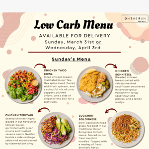 📣 Wednesday Menu: March 31st & April 3rd, 2024 | Balanced and Vegan Available