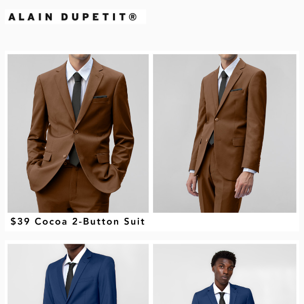 $39 to $69 Suit SALE on Cocoa, Royal, Camel, Green Birdseye