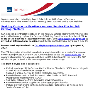 GSA Interact Update: Multiple Award Schedule - Seeking Contractor Feedback on New Service File for FAS Catalog Platform