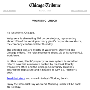 Working Lunch: Walgreens layoffs | Illinois property tax sale system reform | Chicago NLRB officials allege Amazon violated labor law