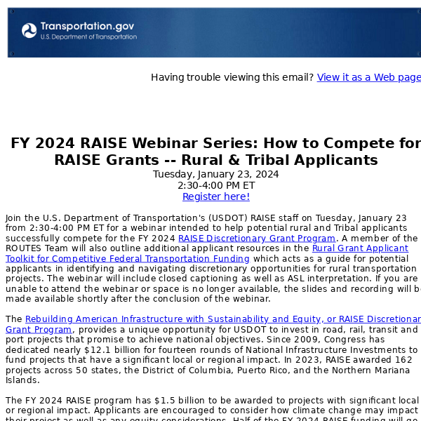 FY24 RAISE Webinar Series: How to Compete for RAISE Grants--Rural & Tribal Applicants