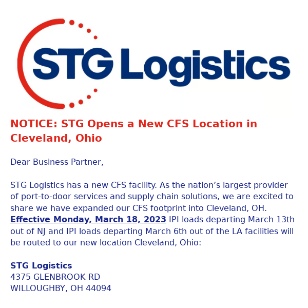 NOTICE: STG Opens a New CFS Location in Cleveland, Ohio