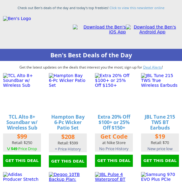 Ben's Best Deals: $99 TCL Soundbar w/ Sub - $208 Patio Set - $11 Adidas Hat - $19 JBL Earbuds - $19 USB-C Charger (68W)