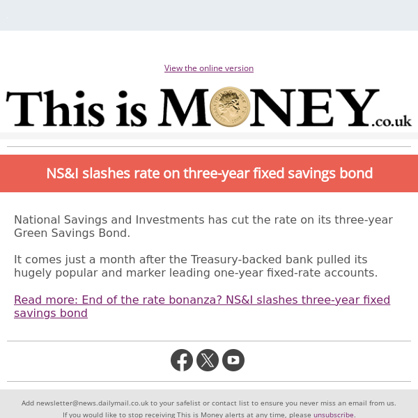 Savings alert: NS&I slashes rate on three-year fixed savings bond