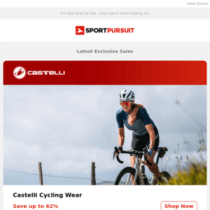Up to 81% Off: Castelli Cycling Wear | Jack Wolfskin - Price Drop | Veho Audio | H.Koenig Appliances | Rafiki Climbing Clothing