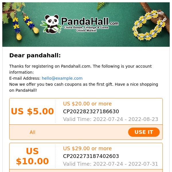 Welcome! $15 Great Discount Coupon Gift for You -www.PandaHall.com