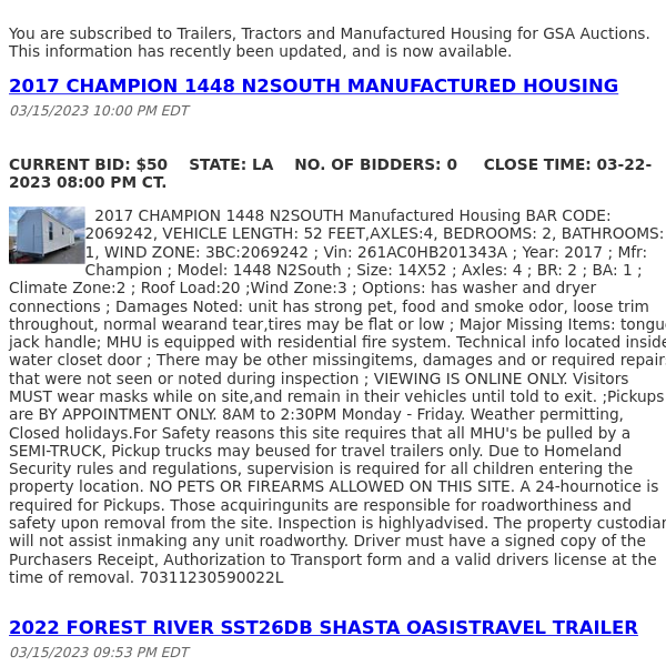 GSA Auctions Trailers, Tractors and Manufactured Housing Update