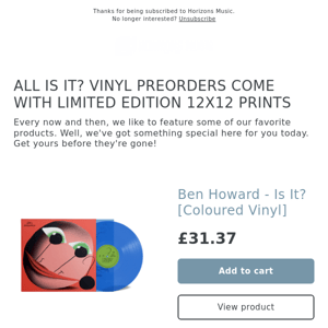 NEW! Ben Howard - Is It? [Coloured Vinyl] INC LIMITED EDITION 12X12 PRINTS