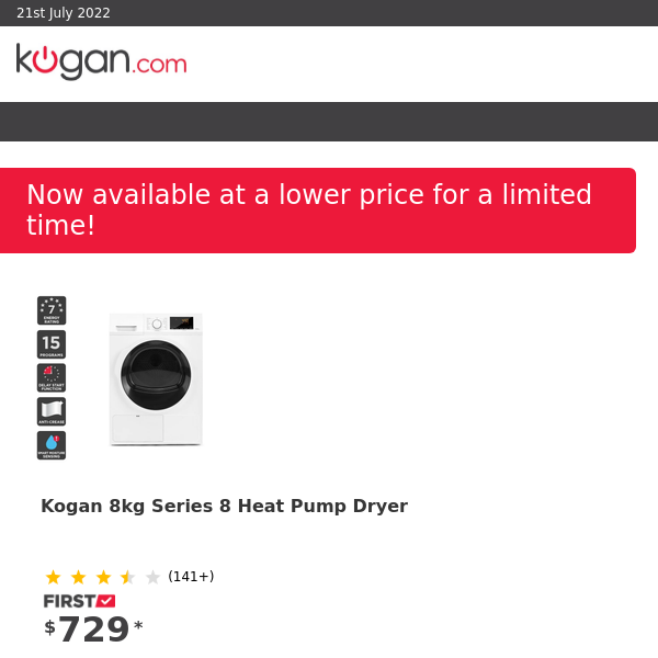 PRICE DROP: Kogan 8kg Series 8 Heat Pump Dryer & More