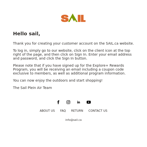 Thank you for creating your customer account on the SAIL.ca website.