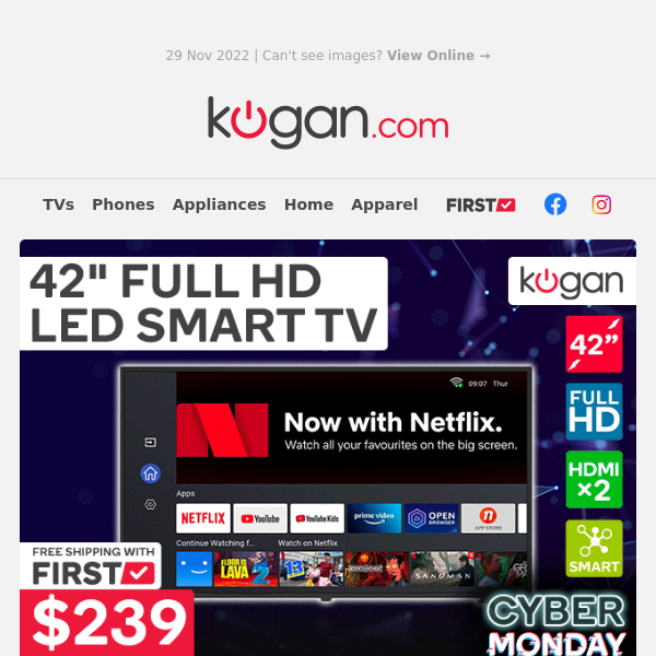 Save $260 on 42" Full HD Smart TV for Cyber Monday!