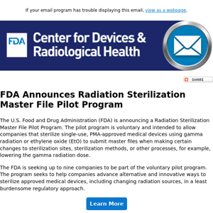 FDA announces Radiation Sterilization Master File Pilot Program