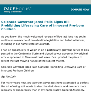 Colorado Governor Jared Polis Signs Bill Prohibiting Lifesaving Care of Innocent Pre-born Children