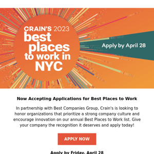 Application OPEN: Best Places to Work