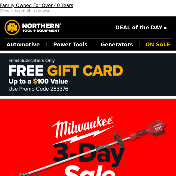 Final Day Milwaukee Sale + Exclusive FREE Gift Card Up To $100 Value