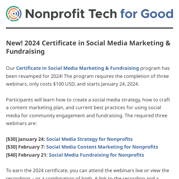 New! 2024 Certificate in Social Media Marketing & Fundraising for Nonprofit Professionals