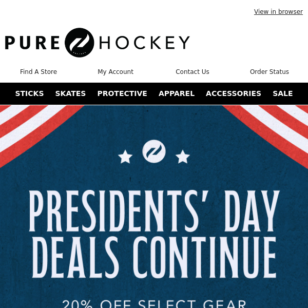 Presidents' Day Deals Continue! Take An Extra 20% Off Select Sticks, Skates & More!