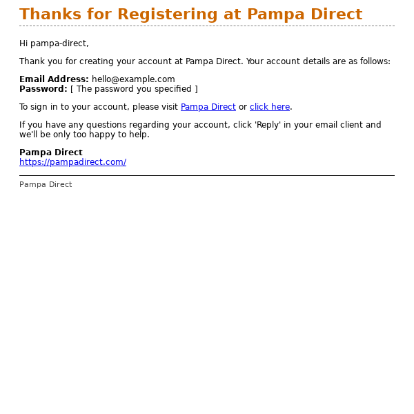 Thanks for Registering at Pampa Direct