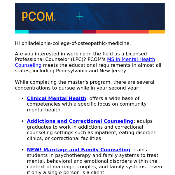 Choose your path in mental health counseling at PCOM