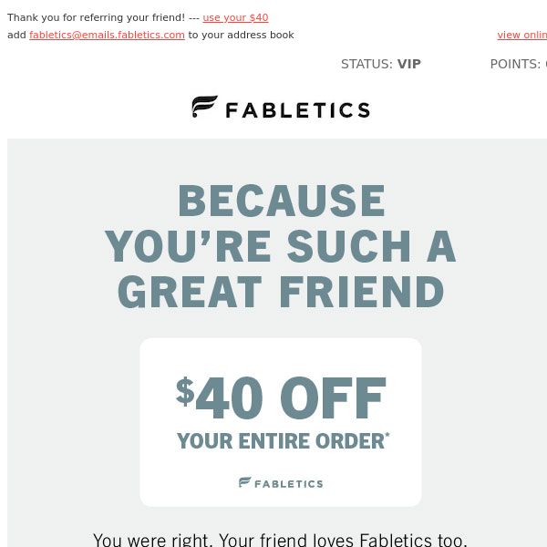 We're giving you $40 (yay!) - Fabletics
