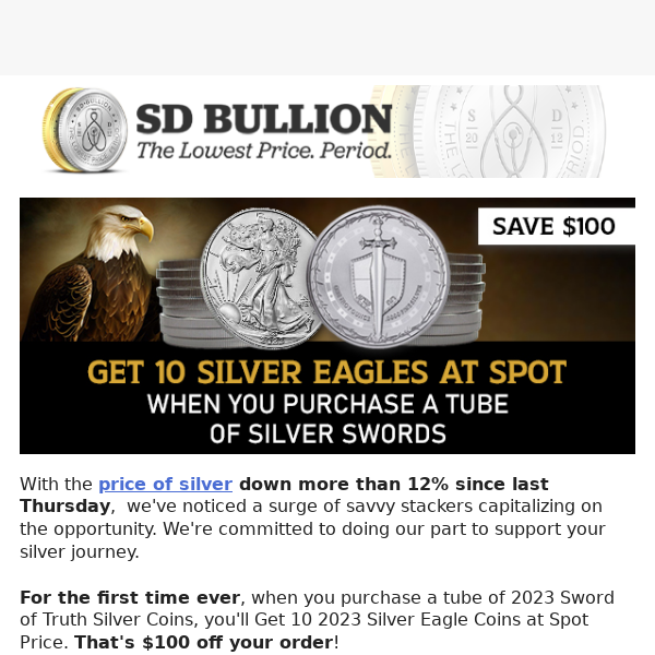 ⚡ 10 Silver Eagles at SPOT PRICE Offer⚡