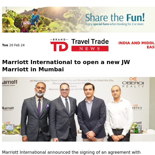 Flight Disruptions and Insurance Dilemmas |  South Africa clocks 43% growth in arrivals from India in 2023 | Marriott International announced the signing of an agreement with Oberoi Realty Limited