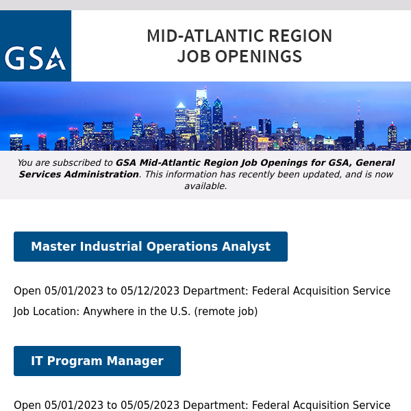 New/Current Job Opportunities in the GSA Mid-Atlantic Region