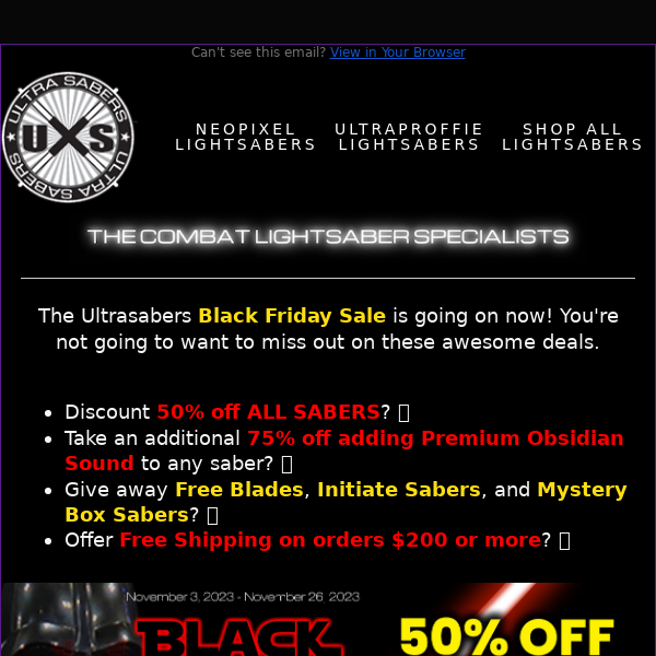 Get 50% Off All Sabers PLUS 75% Off Adding Premium Obsidian Sound!