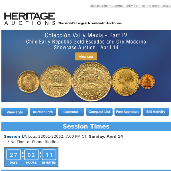 Bid Now: April 14 The Colección Val y Mexía of Chilean Coins, Part IV - Gold Escudos and Pesos World Coins Showcase Auction