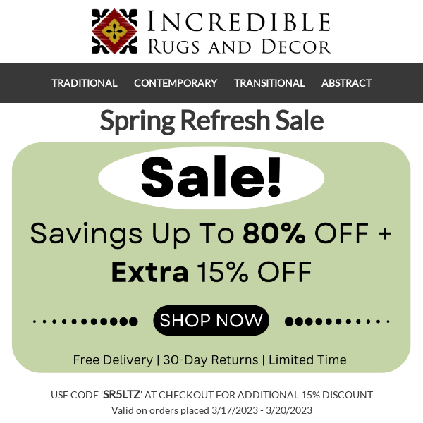 Spring Refresh Sale. Save up to 80% off with free shipping, plus EXTRA 15% OFF with enclosed code.
