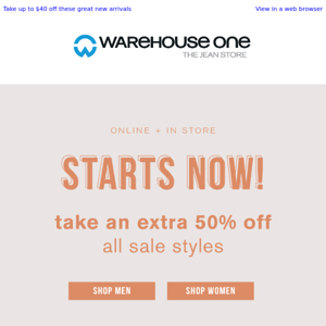 Extra 50% off sale starts right now!