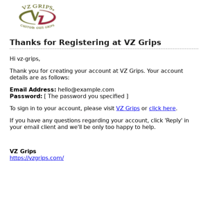 Thanks for Registering at VZ Grips