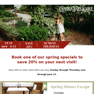 Our Spring Deals are in Bloom with 20% off Room Rates!