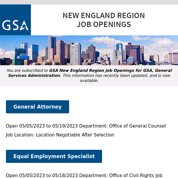 New/Current Job Opportunities in the GSA New England Region