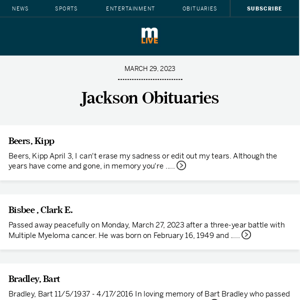 Today's Jackson obituaries for March 29, 2023