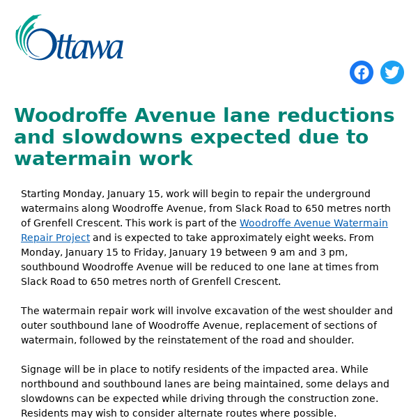 Woodroffe Avenue lane reductions and slowdowns expected due to watermain work