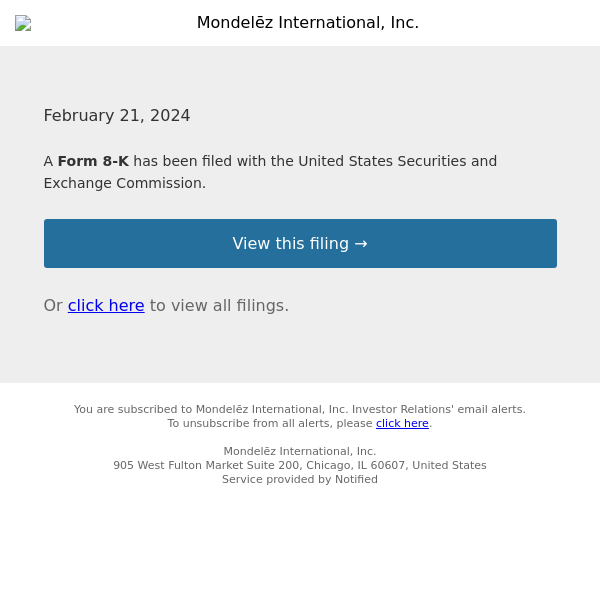 New Form 8-K for Mondelēz International, Inc.