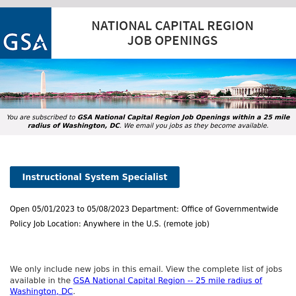 New/Current Job Opportunities in the GSA National Capital Region