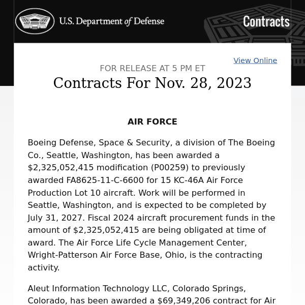 Contracts For Nov. 28, 2023