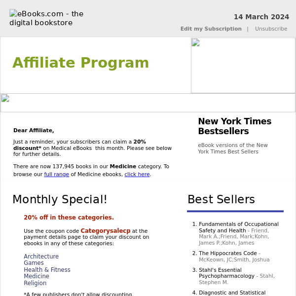 Affiliate Program : 20% Discount on Medicine eBooks, See Coupon Code...