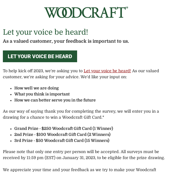 Let Your Voice Be Heard & Enter to Win a $250 Woodcraft Gift Card