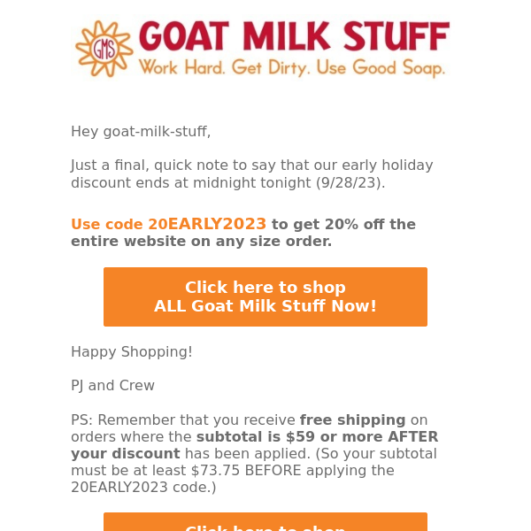 Last chance - 20% off ALL Goat Milk Stuff!