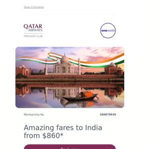 Qatar Airways , amazing fares to India from $860*