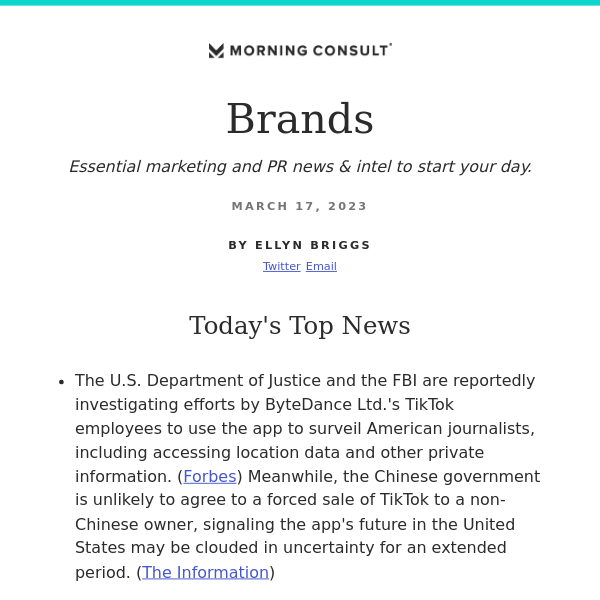 Morning Consult Brands: DOJ and FBI Investigating TikTok Employees' Spying on U.S. Journalists